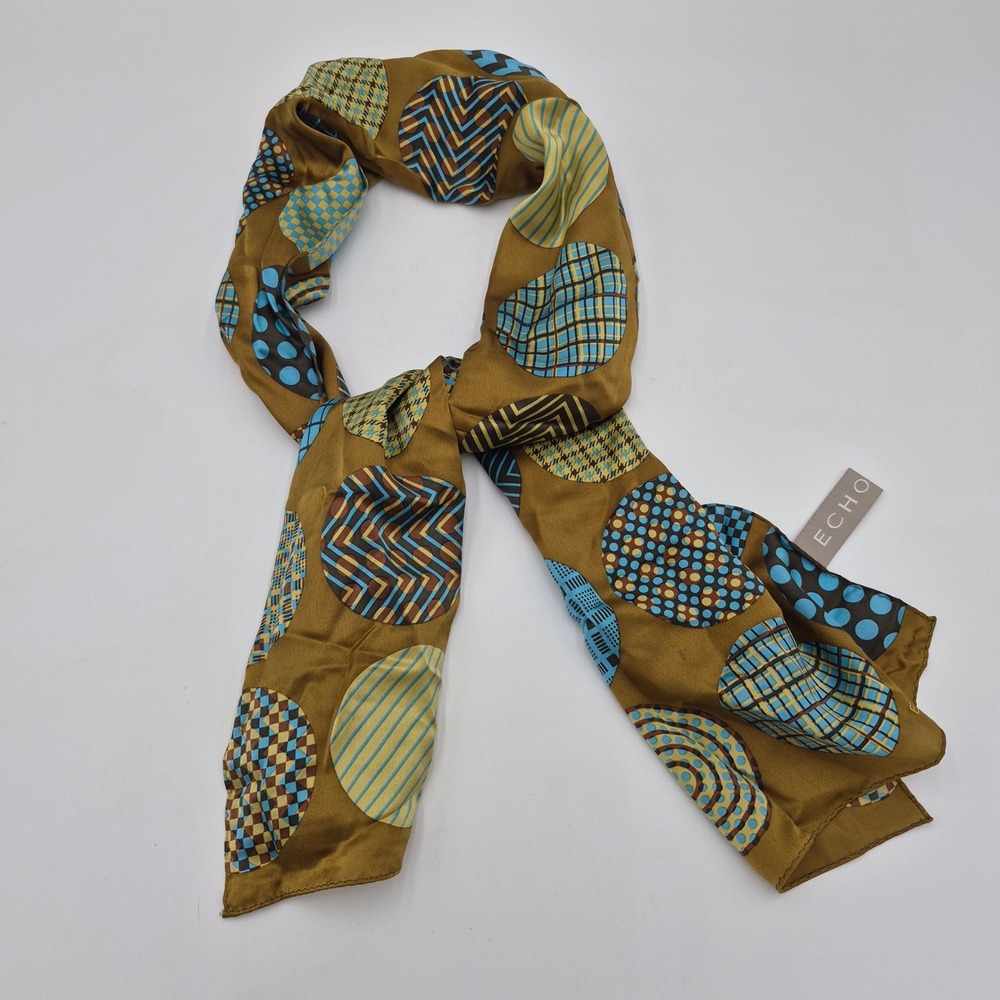 Echo Silk Scarf Brown Blue Geometric Circle Print Rectangular 100% Silk Scarf